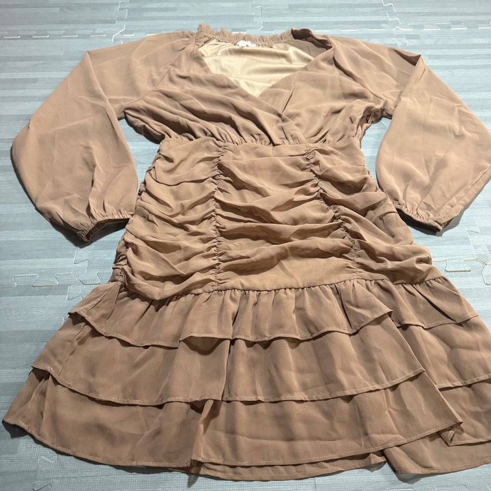 Size S Ruched Tiered Mini Dress Long Sleeve Ruffles